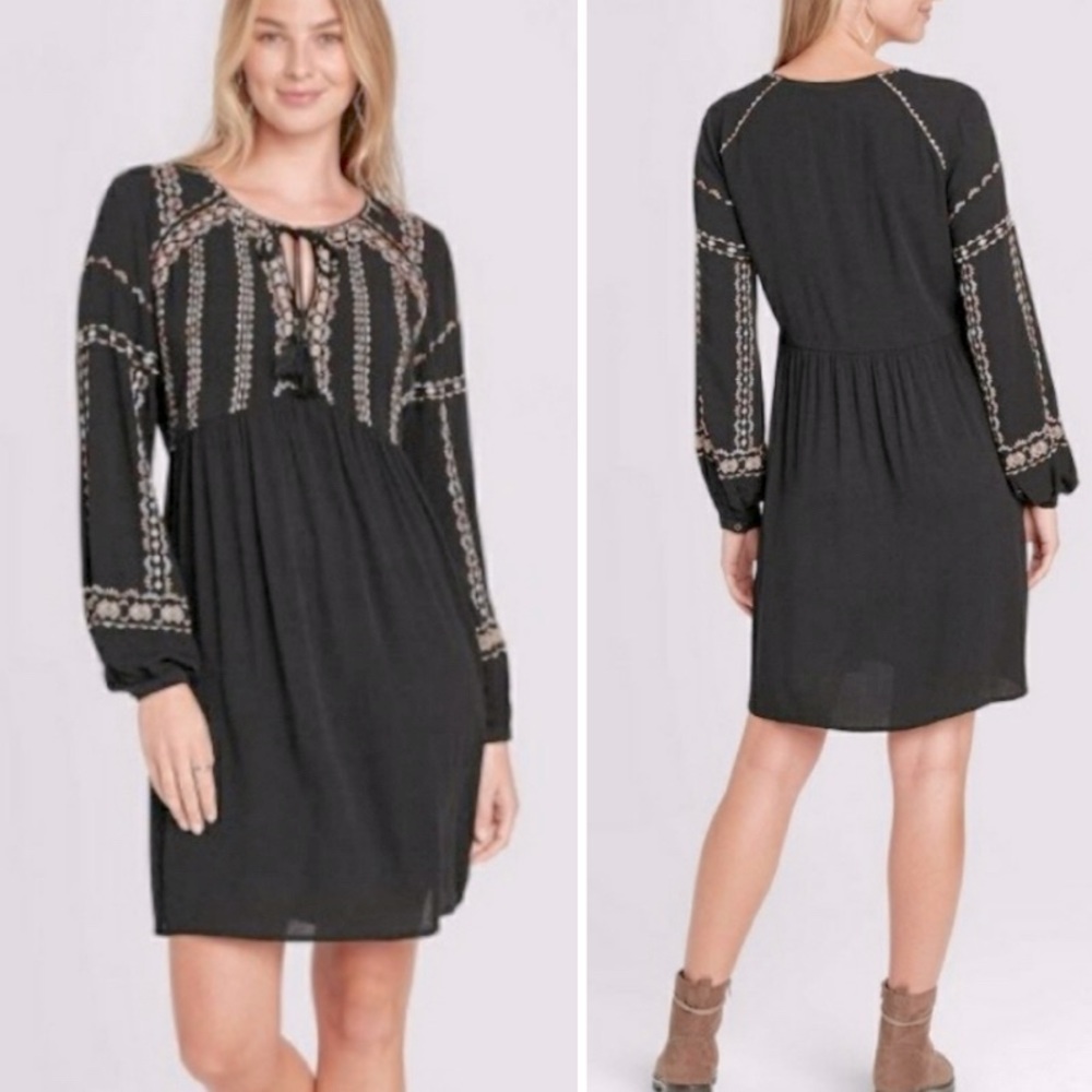 knox rose long sleeve embroidered black dress